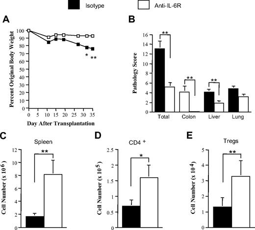 Figure 4. Attenuation of GVHD by blockade of IL-6 signaling does not require an intact thymus. Lethally irradiated (900 cGy) thymectomized Balb/c mice received a transplant of Foxp3EGFP BM (10 × 106) and 0.4 × 106 Foxp3EGFP spleen cells. Cohorts of mice were then treated with either rat IgG isotype control (n = 12) or anti–IL-6R antibody (n = 12) once weekly for 4 weeks beginning on the day of transplantation. Animals were then killed 46 to 48 days after transplantation. (A) The percentage of original body weight of mice over time from both groups is depicted. (B) Pathological damage in the colon, liver, and lung using a semiquantitative scoring system as detailed in “Histologic analysis.” (C) Total spleen cellularity, (D) absolute number of splenic CD4+ T cells, and (E) absolute number of splenic Tregs are depicted. Data are presented as the mean (± SEM) and are the cumulative results from 3 independent experiments. (Statistics: *P ≤ .05, **P < .01.)