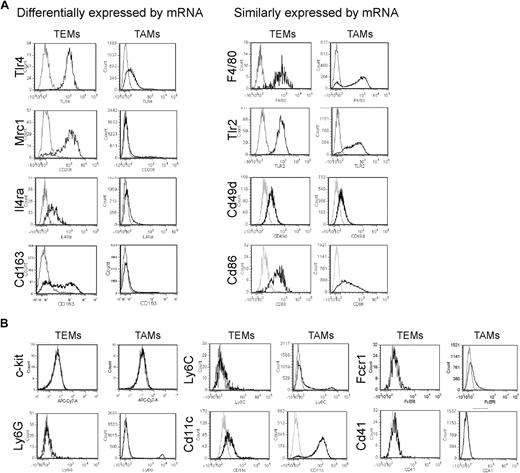 Figure 3. Flow cytometric analysis of tumors identifies a distinguishing TEM signature. (A) Flow analysis of some of the genes that were either differentially expressed or not differentially expressed between TEMs and TAMs. N202 mammary tumors grown subcutaneously in Tie2-GFP transgenic were made into single-cell suspensions and TEMs and TAMs gated as Tie2-GFP+Cd11b+7AAD− and Tie2-GFP−Cd11b+7AAD− cells, respectively. In agreement with the mRNA data, TEMs but not TAMs robustly and uniformly express Tlr4, Mrc1, Il4ra, and Cd163 (left panels). Genes not differentially expressed by quantitative PCR are similarly expressed by TEMs and TAMs (right panels). For each marker, at least 3 independent analyses were performed; for each analysis, at least 3 tumors were pooled together and made into single-cell suspensions. (B) Further phenotypic characterization of TEMs and TAMs. Note that TEMs do not express c-kit or granulocyte (Ly6G), inflammatory monocyte (Ly6C), DC (Cd11c), mast cell (FcϵRI), and megakaryocyte/platelet (Cd41) markers. For each marker, at least 3 independent analyses were performed.