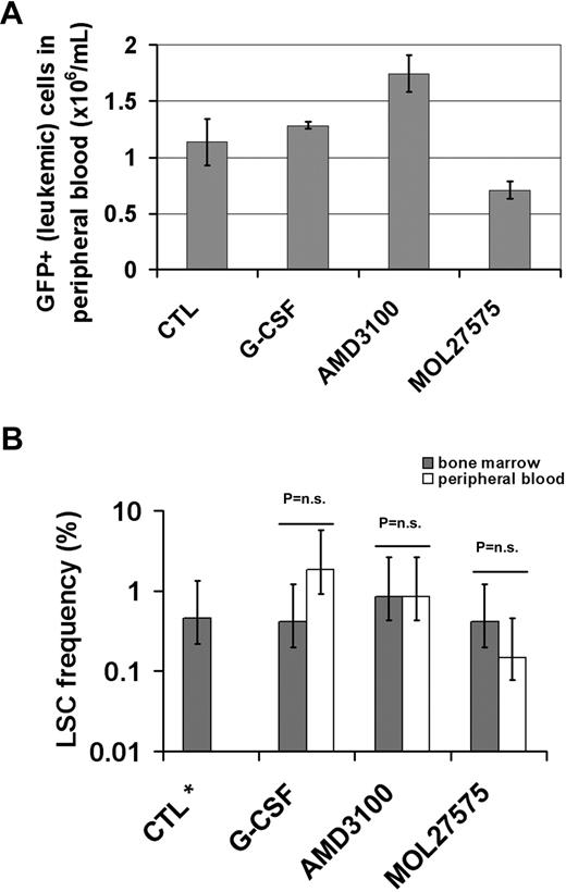 Figure 1. Leukemia stem cell mobilization in the MN1 leukemia model. (A) Number of transduced white blood cells in peripheral blood of control or drug treated mice. Eighteen or 19 days after transplantation of MN1-transduced bone marrow cells to lethally irradiated mice, solvent (CTL), G-CSF, AMD3100, or MOL27575 were injected subcutaneously for 3 consecutive days. Peripheral blood was harvested and pooled from 4 to 5 mice per group, and white blood cells were counted and immunophenotyped for the proportion of GFP+ (leukemic) cells (95% confidence intervals do not overlap between CTL and AMD3100 indicating a significant difference). (B) Results of CRU assays to determine the leukemia stem cell frequency in peripheral blood and bone marrow of G-CSF, AMD3100, or MOL27575 treated mice. Peripheral blood or bone marrow from 4 to 5 mice per treatment group were pooled and transplanted by limiting-dilution analysis (5 cell doses of GFP+ cells, 3 mice per cell dose). LSC frequency was calculated from the proportion of leukemic mice by Poisson statistics. Overlapping 95% confidence intervals indicate no statistically significant difference. *LSC frequency in bone marrow of a historical control group is shown for comparison.