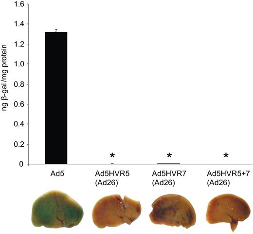 Figure 4. In vivo analysis of Ad5HVR5(Ad26) and Ad5HVR7(Ad26). Male MF-1 mice were injected with 1010 VP of each virus via the tail vein. Mice were killed at 48 hours, and livers were harvested and processed for quantification of β-galactosidase activity and staining (P < .001 vs Ad5).