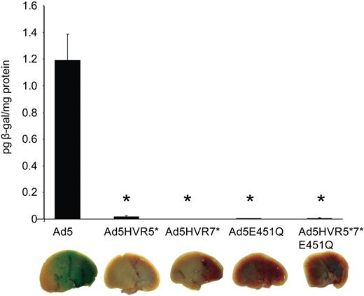 Figure 7. In vivo analysis of Ad5 hexon point mutants. MF-1 mice were injected with 1010 VP of each virus via the tail vein. Mice were killed at 48 hours, and livers were harvested and processed for quantification of β-galactosidase activity and staining (P < .001 vs Ad5).