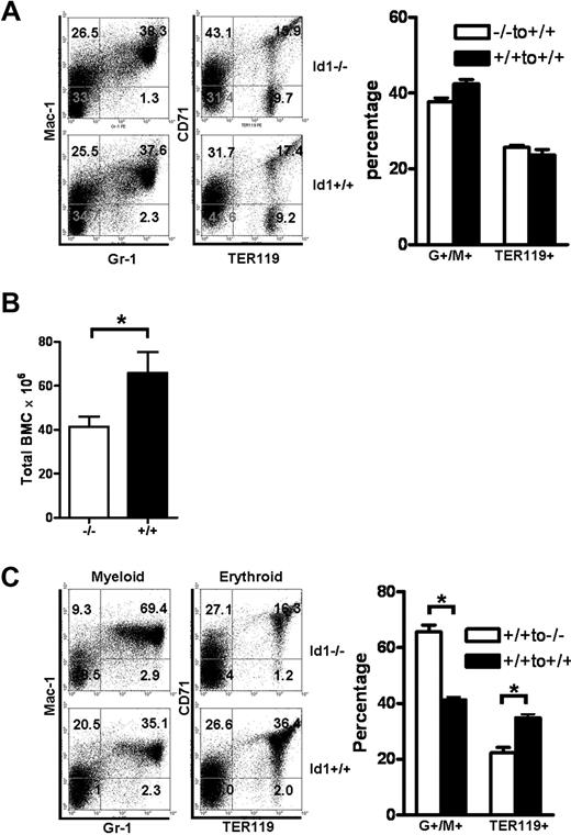 Figure 4. Id1 is required for proper hematopoietic microenvironment function. (A) BMCs were harvested 4 months after Id1−/− or Id1+/+ BMC were transplanted into irradiated Id1+/+ recipient mice and then analyzed for donor hematopoietic reconstitution by flow cytometry. Flow cytometric data are representative data from individual mice. The left panel shows donor myeloid (Gr-1 × Mac-1) and erythroid (TER119 × CD71) reconstitution in Id1−/− and Id1+/+ recipient mice. The numbers indicate the percentage of donor cells in each quadrant. The right panel shows percentages of Gr-1+/Mac-1+ or TER119+ BMC in all the mice analyzed (each genotype, n = 3). (B) Repopulation of Id1+/+ BMC in irradiated Id1−/− or Id1+/+ recipient. Total BMC of recipient mice were enumerated 4 months after transplantation (n = 6, *P = .04). (C) BMC were harvested 4 months after Id1+/+ BMC were transplanted into irradiated Id1+/+ and Id1−/− recipient mice and then analyzed for donor hematopoietic reconstitution by flow cytometry. Left panel shows myeloid and erythroid repopulation of representative mice, whereas the right panel shows percentages of Gr-1+/Mac-1+ myeloid or TER119+ erythroid BMC in all the mice analyzed (each genotype, n = 6, *P < .001).