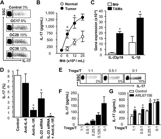 Figure 3. Induction and suppression of Th17 cell development. (A) TAMs induced Th17 cells. Normal blood T cells (5 × 105/mL) were stimulated with blood macrophages or TAMs (2.5 × 105/mL) from 3 ovarian cancer patients (OC17, OC20, and OC38). Th17 cells were analyzed by FACS. Results are expressed as the percentage of Th17 cells in CD4+ T cells. Similar results were observed in 8 ovarian cancer patients (P < .01, compared with control). (B) TAMs induced T-cell IL-17 production. Normal T cells (5 × 105/mL) were stimulated with different concentrations of normal macrophages (Mφ) or TAMs from donor OC20. IL-17 was detected by ELISA in the culture supernatants. Results are expressed as mean ± SEM; n = 5. P < .01. (C) The cytokine expression in TAMs. TAMs were isolated from ovarian cancer. Expression of IL-1β and IL-23p19 was detected by real-time PCR. Results are expressed as mean ± SEM; n = 5. P < .01. (D) The importance of IL-1β in TAM-mediated Th17 cell induction. T cells were stimulated for 5 days with TAMs with or without the indicated neutralizing antibodies. IL-23 was blocked by specific IL-23 siRNA as we reported.20 Th17 cells were detected by FACS. Results are expressed as the mean of Th17 cells in CD4+ T cells ± SEM; n = 5. *P < .05 compared with control. (E-F) Treg cells suppressed Th17 and T-cell IL-17 production induced by TAMs. T cells (5 × 105/mL) were stimulated with TAMs (2.5 × 105/mL) in the presence or absence different concentrations of tumor-associated Treg cells. Th17 cells were analyzed by FACS (E). Results are expressed as the percentage of Th17 cells in CD4+ T cells. IL-17 was detected by ELISA in the culture supernatants (F). n = 6. *P < .05 compared with control. (G) The relevance of the adenosinergic pathway in Treg cell-mediated Th17 suppression. In the culture system described (E-F), ARL67156 was added. IL-17 was detected by ELISA in the culture supernatants; n = 6. *P < .05 compared with control.
