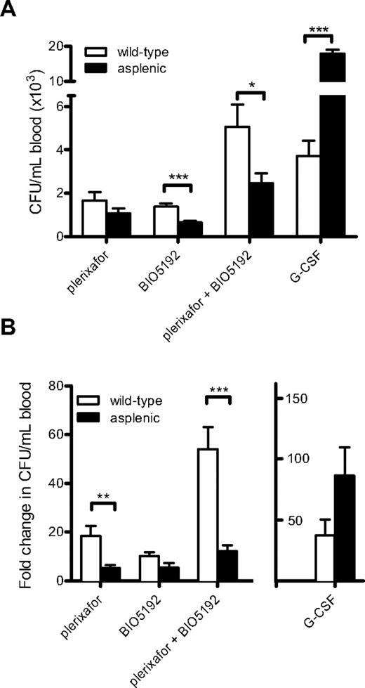 Figure 2. Mobilization of hematopoietic progenitors in splenectomized mice. (A) Wild-type and splenectomized C57BL/6J x 129Sv/J F1 mice were treated with G-CSF 250 μg/kg per day subcutaneously × 5 days, plerixafor 5 mg/kg subcutaneously, BIO5192 1 mg/kg intravenously, or the combination of plerixafor 5 mg/kg and BIO5192 1 mg/kg. Treatment in splenectomized mice began 7 days after splenectomy. Peripheral blood was assayed for CFU-GM on day 5 for G-CSF–treated mice, 1 hour after injection for BIO5192, and 3 hours after injection for plerixafor and plerixafor + BIO5192–treated mice (n = 6-9 each group). Data are mean ± SEM of (A) absolute numbers of CFU/mL peripheral blood or as (B) fold increase relative to CFU/mL peripheral blood immediately before treatment. *P < .05; **P < .01; ***P < .001.