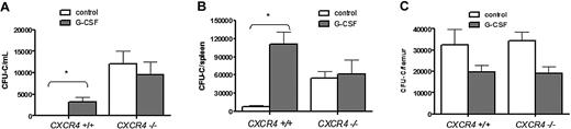 Figure 1. G-CSF treatment does not increase the number of circulating progenitors in CXCR4−/− chimeras. Wild-type (CXCR4+/+) and CXCR4−/− chimeras (n = 7-10 each group) were treated with G-CSF or left untreated (control), and CFU-Cs were measured in (A) peripheral blood, (B) spleen, and (C) bone marrow. Data represent mean ± SEM of pooled data from 2 separate experiments; *P < .01.