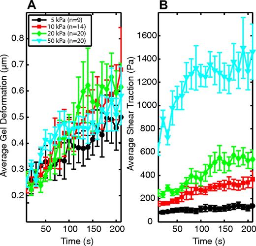 Figure 2. Comparison of root mean square gel deformation and traction stress exerted by neutrophils on substrates of different stiffness. (A) The root mean square value of the displacements of the fiducial markers embedded in the gel under the area of the cell is plotted as a function of time. There is no statistical difference between gels of different stiffness. (B) The root mean square stress applied by the neutrophil on the gel in the area occupied by the cell is plotted as a function of time for each stiffness. Cell outlines for calculations were determined from DIC images. Error bars represent SEM.