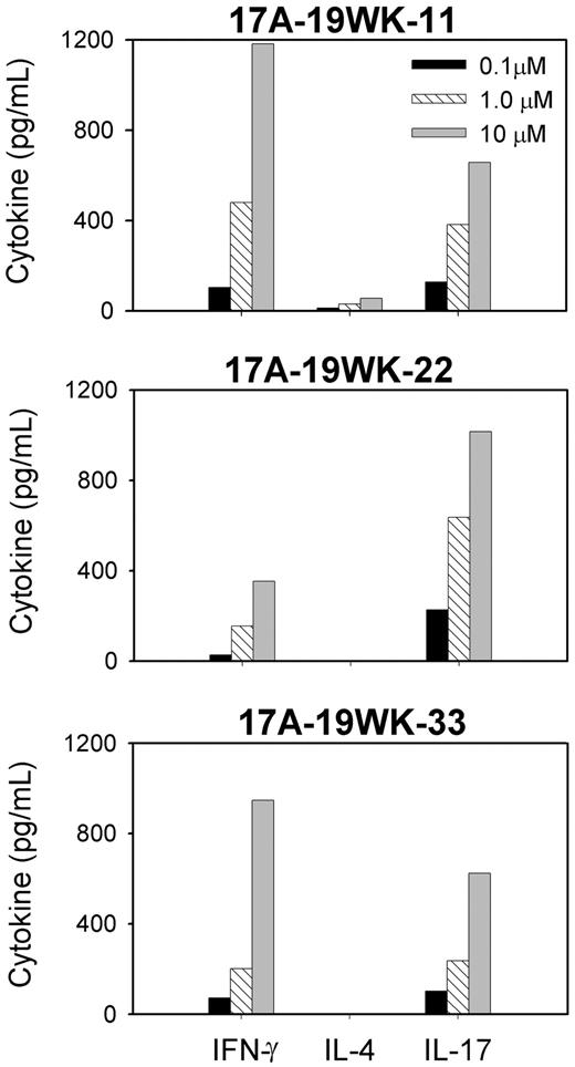 Figure 2. Cytokine secretion profiles for early lots of IL-17–secreting clones. Resting T-cell clones (first seed lot for 17A-19WK-11 and second seed lots for 17A-19WK-22 and -33) were stimulated with FVIII2194-2213 (0.1, 1.0, and 10 μM) presented on irradiated PBMCs from an unrelated DRB1*0101 donor. Cell supernatants were collected from triplicate wells after 48 hours to measure IFN-γ, IL-4, and IL-17 by ELISA. The cytokine levels of cells stimulated with buffer as a negative control were subtracted.