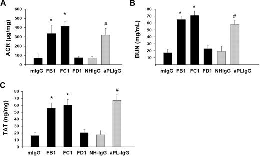 Figure 3. Impaired renal function and increased TAT levels in mice treated with FB1, FC1, and aPL-IgG. (A) Urinary ACR. FB1, FC1, and aPL-IgG induced albuminuria compared with mIgG- and NH-IgG-treated mice. FD1-treated mice did not show increased ACR compared with mIgG. (B) BUN. BUN levels in FB1-, FC1-, and aPL-IgG -treated mice were higher than in mIgG- or NH-IgG-treated mice. Mice treated with FD1 did not show increased BUN levels compared with mIgG-treated mice. (C) TAT complex. TAT levels were increased in FB1-, FC1-, and aPL-IgG–treated mice compared with control mice (mIgG- and NH-IgG-treated mice). *Different from mIgG-treated mice (P < .01). #Different from NH-IgG-treated mice (P < .01).