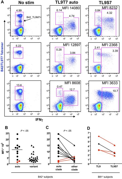 Figure 3. TL9 epitope variant recognition is associated with reduced IFN-γ production and attenuated TCR down-regulation. (A) Representative CD8 T cell–gated dot plots from subtype C–infected B42+ subjects (from top to bottom, H325, H234, H122) showing TL9T7/B42 tetramer staining (y-axis) versus intracellular IFN-γ production (x-axis) after stimulation with TL9T7 or the TL9S7 variant; the MFI of IFN-γ+ cells is indicated. The intermediate tetramer-positive population indicated in the top left panel is a cross-reactive population that also binds the TL9M7/B42 tetramer. (B) Comparison of IFN-γ MFI values in B42+ samples stimulated with autologous peptide or different TL9 variant peptides. Horizontal bars represent median values. (C) Comparison of IFN-γ MFI values in B42+ samples stimulated with autologous or nonautologous subtype-specific peptides. Two subjects with an “escaped” autologous mutant epitope (TL9T3) are highlighted in red. (D) Comparison of IFN-γ MFI values in B81+ samples infected with subtype C stimulated with the subtype C consensus TL9T7 or with the variant peptide TL9S7. Three subjects with an autologous TL9S7 mutant epitope are highlighted in red. Statistical analysis was performed using the 2-tailed Mann-Whitney test (B) or the 2-tailed Wilcoxon test (C).