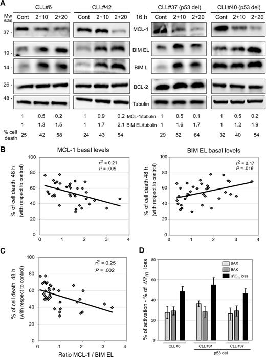 Figure 6. Forodesine decreased the antiapoptotic MCL-1 protein levels and induced proapoptotic BIM protein independent of p53 status. (A) Cells from 4 representative CLL cases were treated with forodesine (2 μM) and dGuo (10-20 μM) for 16 hours, and MCL-1, BIM EL, BIM L, and BCL-2 proteins were analyzed by Western blot in total protein extracts. α-Tubulin was used as internal loading control. Cell viability was assessed by annexin V labeling as described in “Methods.” Densitometric protein quantification of MCL-1 and BIM EL protein levels with respect to control was performed. (B-C) Protein basal levels of MCL-1, BIM EL, BCL-2, and the ratio between MCL-1 and BIM EL were quantified by densitometric analysis on Western blot of total protein extracts in 35 CLL cases and plotted against the cytotoxicity of forodesine 2 μM and dGuo 20 μM at 48 hours. β-Actin was used as internal loading control. Correlation coefficient and P value are shown. (D) Primary cells from 3 representative patients with CLL were treated with forodesine (2 μM) and dGuo (20 μM) for 16 hours. Activation of BAX and BAK (conformational change) and loss of ΔΨm (DIOC6 staining) were analyzed by flow cytometry as described in “Methods.”