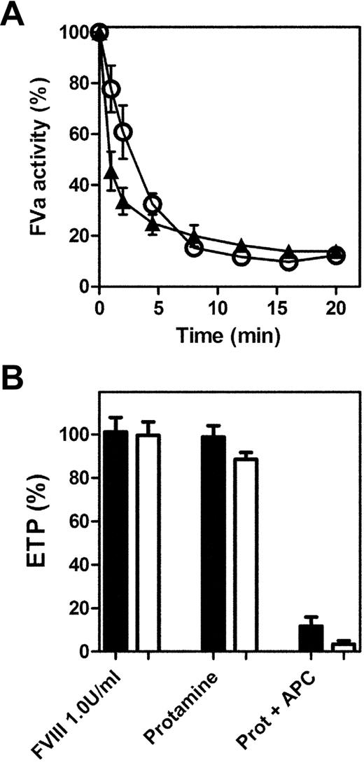 Figure 5. APC-protamine anticoagulant synergy is not mediated by enhanced substrate proteolysis. (A) FVa proteolysis by APC was assessed in both the absence (▲) and presence (○) of 3 μg/mL protamine. Purified FVa (1 nM final concentration) was incubated with phospholipid vesicles (PC:PS:PE, 60%:20%:20%, 20 μM final concentration) in a buffer containing 175 mM NaCl, 3 mM CaCl2, and 25 mM HEPES (pH 7.4) at 37°C. APC (2 nM final concentration) was added to initiate FVa inactivation. At specific time points, aliquots of the reaction mix were added to a separate prothrombinase mixture and thrombin generated was measured, as described in “Methods.” (B) To assess FVIIIa proteolysis by APC, thrombin generation was initiated with TF, phospholipid vesicles, and CaCl2 in FVIII-deficient plasma to which 1.0 U/mL wild-type (□) or APC-resistant FVIII R336Q/R562Q (■), respectively, had been added. ETP was determined for each FVIII variant in the presence and absence of protamine (3 μg/mL) and also in the presence of APC (10 nM).