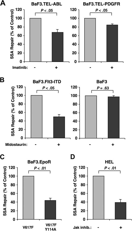 Figure 4. Oncogenic tyrosine kinases increase SSA repair. SSA frequency was determined in BaF3 cells transformed with different oncogenic tyrosine kinases. Cells cotransfected with SAGFP and I-SceI expression vector were evaluated by flow cytometry after 48 hours. (A) BaF3 cells transformed with the Tel-ABL (n = 4) and Tel-PDGFR (n = 5) oncogenes were used to measure SSA frequency in response to imatinib (1 μM) treatment, as indicated. (B) BaF3 cells transformed with FLT3-ITD and parental BaF3 cells were used to measure SSA frequency in response to midostaurin (50 nM) treatment, as indicated (n = 3). (C) Parental BaF3.EpoR cells containing the Jak2.V617F mutation or the double mutation, V617F.Y114A, were used to measure SSA frequency (n = 3). (D) HEL cells expressing mutant Jak2.V617F were used to measure SSA frequency in response to a Jak inhibitor (1 μM) (n = 3).