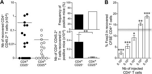 Figure 5. Frequencies of conventional and regulatory T cells undergoing spontaneous proliferation in lymphopenic NOD mice 1 month after reconstitution. (A) Twenty-five CD4+CD25− or CD4+CD25+ LN T cells from CD45.2 NOD mice and 2 × 103 CD4+ T cells from CD45.1 NOD mice were cotransferred into CD45.1 NOD Cα−/− recipients. Left: absolute numbers of recovered CD45.2+CD4+CD8− TCR+ cells. Each point represents an individual mouse, and horizontal lines represent the mean number of CD4+ T cells recovered from positive mice; right: frequency of positive mice and numbers of CD45.2+CD4+CD8− TCR+ cells recovered from positive mice. Data show means ± SEM from 3 independent experiments. (B) A total of 5 × 102 to 5 × 106 CD4+ T cells from CD45.2 NOD mice was labeled with CFSE and transferred into CD45.1 NOD Cα−/− mice. Proportion of CD45.2+ CFSE− CD4+ T cells expressing Foxp3. Results are from 2 independent experiments. The gray area represents the mean ± SEM proportion of Foxp3-expressing cells among CD4+ T cells from control NOD mice. ***P < .001; **P < .01; *P < .05.