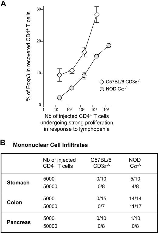 Figure 6. Reduced proportion of regulatory CD4+ T cells and development of autoimmune disorders in reconstituted lymphopenic NOD mice. (A) A total of 5 × 102 to 5 × 106 CD4+ T cells from C57BL/6 and NOD mice was transferred into C57BL/6 CD3ϵ−/− and NOD Cα−/− mice, respectively. The number of initially injected CD4+ T cells expanding strongly in response to lymphopenia was evaluated by dividing the total number of CD4+ T cells injected into mice by the frequency of CD4+ T cells, as determined in limiting dilution analyses (1/214 for C57BL/6 mice, and 1/25 for NOD mice). The numbers obtained were plotted against the frequency of Foxp3+ cells among the CD4+ T cells recovered 1 month after transfer. (B) A total of 5 × 103 or 5 × 104 CD4+ T cells from C57BL/6 mice and from NOD mice was transferred into C57BL/6 CD3ϵ−/− mice and NOD Cα−/− mice, respectively. One month after transfer, mice were killed and paraffin-embedded sections of various organs were stained with hematoxylin and eosin. The presence of mononuclear cell infiltrates in the indicated organs is recorded. Results are expressed as the number of infiltrated organs among the total number of organs examined.