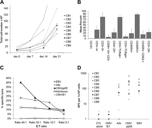 Figure 1. Expansion, immunophenotype, and function of virus-specific CB-derived cytotoxic T lymphocytes. (A) For the generation of virus-specific CTLs from CB (virus-CTLs), a total of 2 × 106 CB mononuclear cells (CBMCs) were activated with autologous Ad5f35CMVpp65-transduced dendritic cells (DCs) in the presence of IL-12, IL-7, and IL-15 followed by weekly stimulations with Ad5f35CMVpp65-transduced LCL (LMP2-CTL) and twice weekly IL-2 feeds. CTL cell numbers (×106) are recorded from weekly cell counts comparing the expansion rates of 9 CB-derived CTL lines. (B) Reactivity of CTL lines (n = 9) with antibodies against the T-cell and natural killer cell surface antigens and memory markers CD3, CD4, CD8, CD16, CD56, TCRαβ, TCRγδ, CD45RA, CD28, CD62L, CD25, and the B-cell surface antigen CD19. Error bars indicate mean + SD. (C) 51Cr release at 4 hours after coincubation of a representative CTL line with PHA blasts pulsed with CMVpp65 PepMix (CMVpp65 target), or PHA blasts pulsed with CMVIE1 PepMix (CMVIE1 target), or PHA blasts pulsed with Adv-hexon PepMix (Adv-hexon target), nontransduced autologous EBV-LCL (EBV target), or allogeneic EBV-LCL (allogeneic target). The data are the percentage of lysis of targets by a representative CTL line at E/T of 40:1, 20:1, 10:1, and 5:1. (D) Virus-specific activity of all 9 CTL lines after 3 stimulations as determined with the IFN-γ ELISPOT assay in response to direct stimulation with CMVpp65 PepMix (CMVpp65), CMVIE1 PepMix (CMVIE1), Adv-hexon PepMix (Adv hexon), or irradiated autologous EBV-LCL at an E/T of 4:1 (EBV). For each CTL line, mean values of triplicate experiments are reported. SFCs indicate spot-forming cells.