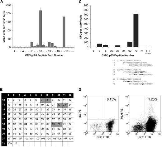 Figure 4. Identification of CMVpp65 epitopes with the use of a CMVpp65-peptide library. (A) CTLs (105/well) from CB3 (HLA-A2, A29, B35, B44) were stimulated with a CMVpp65-peptide library pooled into 22 pools. Responses were measured in an 18-hour IFN-γ ELISPOT assay. Shown is mean and SD of duplicate wells. (B) All peptides were divided into 22 pools in such a way that each peptide is present in 2 pools. This method allows determining those single peptides that probably induced responses to the peptide pools. Thus, responses to pools 7, 8, and 13 or 9, 10, and 18 or 10, 11, and 14 may be induced by single peptides 7 and 8 or 69 and 70 or 22 and 23, respectively (C) Testing of these individual 20mers identifies the sequence of peptides 7 and 8 or 69 and 70 as most probably the overlapping 15 amino acids, as the CTL epitope. In addition, the T-cell line mapped to a known HLA A2–restricted epitope (MLNIPSINV) contained in peptides 23 and 24. (D) The polyclonal CB-derived virus-specific CTL line in which this epitope had been identified was stained with an HLA-A*0201 MLNIPSINV tetramer. Indicated is the percentage of tetramer-positive cells within the CD8+ population.