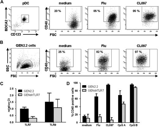 Figure 1. Influenza virus and CL097 induce human pDC activation by triggering TLR7. (A, left) Flow cytometric evaluation of purity of unstimulated pDCs enriched from healthy donor blood labeled with anti-BDCA2 and anti-CD123 antibodies. Cells were untreated (medium) or stimulated with UV-formol–inactivated influenza virus (Flu) or synthetic TLR7 ligand (CL097). Expression of CD40 was measured by flow cytometry on CD123+ cells. Dot plots are shown, the percentage of CD40+ cells is indicated on each plot. Results shown are representative of 4 independent experiments. (B) GEN2.2 cells were untreated or stimulated with Flu or CL097 for 24 hours. CD40 expression was evaluated on forward scatter (FSC)/side scatter (SSC)–gated live cells by flow cytometry. Percentages indicated on dot correspond to the proportion of CD40+ cells. Results shown are representative of at least 5 independent experiments. (C) Expression levels of TLR7 and TLR9 in the GEN2.2 cell line and in lentiviral shRNA TLR7-transfected GEN2.2 cells (GENshTLR7) measured by real-time PCR. Expression levels are normalized to G6PDH. Data are shown as the mean and SD from duplicate values of 2 independent experiments. (D) GEN2.2 and GENshTLR7 cells were untreated or stimulated with Flu, CL097, or 2 different synthetic TLR9 ligands (CpG A and CpG B) for 24 hours. Expression of CD40 was measured by flow cytometry. The mean percentages and SDs from duplicate values of 3 independent experiments are shown.