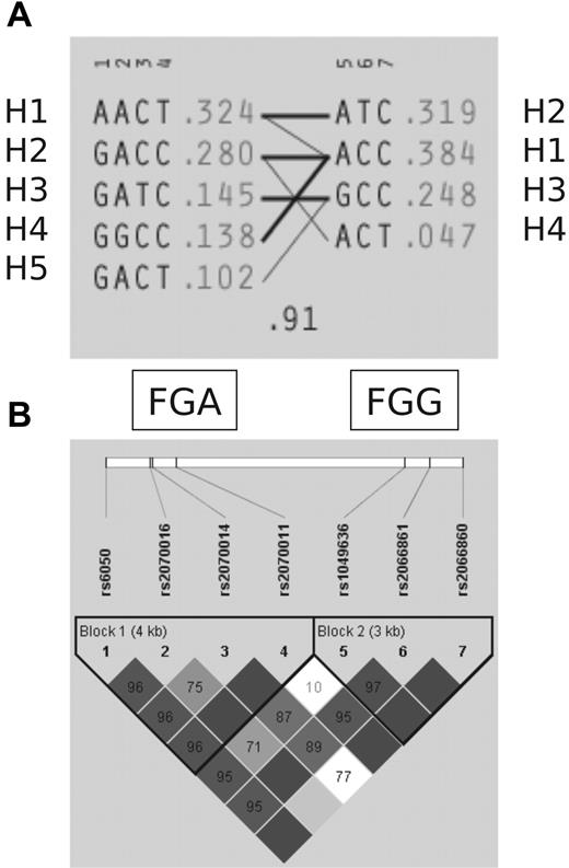 Figure 2. LD structure and haplotypes in FGA and FGG genes. (A) Five FGA (H1-H5) and 4 FGG (H1-H4) haplotypes are defined by 7 htSNPs capturing 97.5% of the genetic variation in the extended linkage disequilibrium (LD) block harboring FGA and FGG. (B) LD structure underlying FGA and FGG.