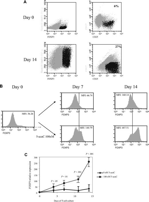 Figure 5. Effect of 5-azaC on the expression of FOXP3 and on the methylation pattern of FOXP3 promoter. (A) Regulatory T cells were identified as CD4+CD25+FoxP3+CD127− cells. A representative dot plot of 6 cases analyzed is shown. (B) Mean fluorescence intensity for FoxP3 at 0 and after 7 and 14 days of culture; a significant increase in the mean fluorescence intensity for FoxP3 was observed along the 14 days of culture in the presence of 5-azaC compared with controls; (C) quantitative PCR showed a significant increase in FOXP3 expression in treated versus untreated T cells from day 7 to 14 of culture. (D) Effect of 5-azaC in the methylation status of the FOXP3 gene. (i) Schematic overview of the FOXP3 gene, including exons and position of its promoter CpG island. It is shown the position of the amplicons designed for methylation analysis. The bottom panel depicts a summary of the methylation levels measured by bisulfite sequencing of different samples indicated below. Each box represents 1 of the 4 amplicons studied with the average methylation rate according to the color code (scale is shown at the bottom: black indicates no methylation; gray, methylation). (ii) Graph corresponding to the change of methylation for one of the amplicons of the Foxp3 gene at different time points (4, 7, 11, and 14 days) and presence or absence of 5-azaC (100 and 0nM). (iii) Individual bisulfite sequencing of the 4 selected regions of the Foxp3 gene according to Baron et al.32 Fifteen clones are shown. Methylated and nonmethylated CpG sites are represented as black and white squares, respectively. Percentage of methylation is shown at the right hand side of each section. Eight samples are represented corresponding to 4 time points (4, 7, 11, and 14 days) in the presence or absence of 5-azaC (100 and 0nM).