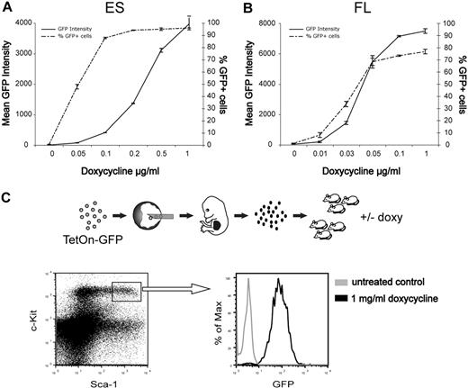 Figure 2. Tightly regulated doxycycline-inducible GFP expression in ES cells and hematopoietic cells. (A) ES cells were cultured with indicated concentrations of doxycycline and analyzed by FACS for GFP fluorescence after 3 days. Data are mean ± SD of triplicate cultures from a representative experiment. (B) Fetal liver cells were depleted of red cells and cultured in serum-free medium supplemented with cytokines and the indicated concentrations of doxycycline. GFP fluorescence was measured by FACS after 3 days. Data are mean ± SD of duplicate cultures from a representative experiment. (C) Lethally irradiated mice were transplanted with GFP-inducible fetal liver cells. Four months after transplantation, half of the mice were given doxycycline in the drinking water for 1 week and the mice were then killed for bone marrow analysis. Representative FACS profiles depicting GFP expression within the lineage −c-kit+Sca1+ compartment.