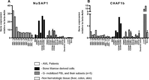 Figure 6. NuSAP1 and CHAF1b are highly expressed in CD34+CD90+HSCs as demonstrated by RT-PCR quantification. One bone marrow biopsy was sorted by flow cytometry into CD34+, CD34−, CD34+CD90+, and CD34+CD90− subpopulations and screened for NuSAP1 (A) and CHAF1b (B) expression. A total of 12 AML PBMNC samples and GM-CSF–mobilized peripheral blood samples (n = 5) were screened, and these samples were further sorted into CD34+, CD34−, CD34+CD90+ and CD34+CD90−, CD15, CD14, CD4, CD8, CD19, and dendritic cell subpopulations. DNA was obtained from all subpopulations and reverse-transcribed to cDNA using OligodT primers. cDNA was screened for NuSAP1 and CHAF1b expression using the respective specific primers using RT-PCR. Results obtained by RT-PCR were plotted relative to the positive control gene β-actin. Error bars indicate SE of measurement.