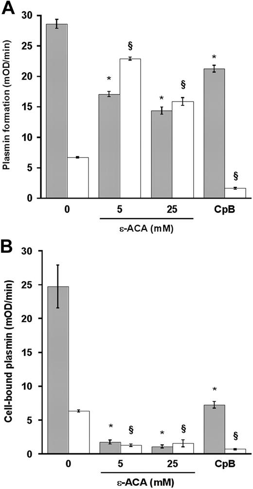 Figure 3. Effect of ϵ-ACA and carboxipeptidase B on Lys- and Glu-plasminogen activation by cellular uPA. THP-1 cells (105/well) were incubated with 500nM Lys- () or Glu-plasminogen (□) in medium alone or supplemented with ϵ-ACA (5 or 25mM) and 0.75mM CBS0065. Carboxypeptidase B, CpB (50 μg/mL), pretreated THP-1 cells were incubated with plasminogen and CBS0065. Rate of plasmin formation (A) and amount of cell-associated plasmin (B) were detected as indicated in Figure 2. Bars represent the amount of plasmin formed or associated to the cells (mOD/minute) versus the concentration of ϵ-ACA or after CpB treatment (mean ± SEM; n = 3). Significant changes compared with Lys-Pg (*P < .05)/Glu-Pg (§P < .05) alone.