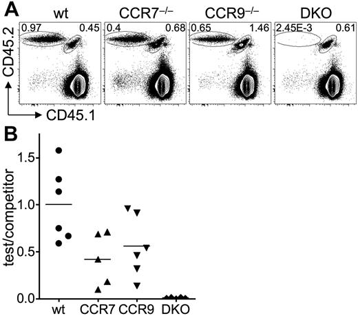 Figure 2. Defective thymus reconstitution of CCR7−/−CCR9−/− lin− BM cells. (A) Lin− bone marrow (BM) competitor cells (CD45.1/CD45.2) were mixed with an equal amount of lin− BM cells (CD45.2) from wt or various mutant mice. Mixtures of competitor and test cells were transferred intravenously into B6 CD45.1 mice of approximately 35 days of age, and frequencies of test and competitor-derived thymocytes were assessed 21 days after transfer by staining for CD45.1 and CD45.2. (B) Statistical analysis of panel A with 5 or 6 mice per group from 2 individual experiments. Frequencies were normalized to wt versus wt controls.
