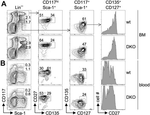 Figure 4. Normal T-cell precursor frequencies in BM and circulation of DKO mice. BM cells (A) and peripheral blood cells (B) were stained with antibodies against lineage markers, Sca-1, CD117, CD127, CD27, and CD135. HSCs, MPPs, and CLPs were defined as lin−CD135−CD117hiSca-1+, lin−CD27+CD135+CD117hiSca-1+, and lin−CD27+CD135+CD127+CD117+Sca-1+, respectively. BM stainings are representative of 4 individual mice. Blood stainings are representative for 2 stainings of pooled cells from 2 mice each.