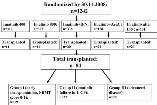 Figure 1. Overview of randomized and evaluable patients. By November 30, 2008, 1242 patients were randomized. Eleven of 312 patients randomized to imatinib 400 mg, 11 of 304 randomized to imatinib 800 mg, 20 of 338 randomized to imatinib in combination with IFN, 22 of 158 randomized to imatinib in combination with araC, and 20 of 131 randomized to imatinib after IFN failure underwent transplantation. The 84 patients who underwent transplantation were analyzed in 3 groups according to the reason of allo SCT: group I (early transplantation in low-risk patients, EBMT score 0-1), group II (imatinib failure in first CP), and group III (advanced disease).