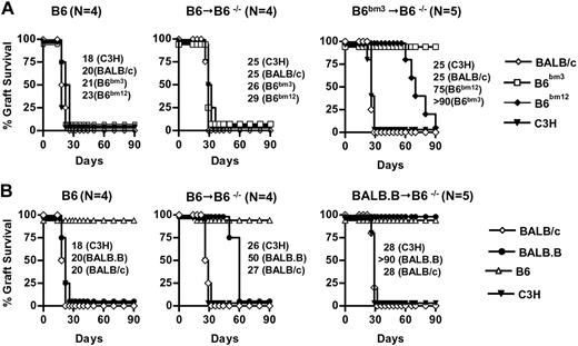 Figure 2. Skin graft survival when the donor Treg cells and allograft differ in major or minor alloantigens. Eight- to 12-week-old B6 IL-2Rβ−/− mice that were adoptively treated with the indicated population of Treg cells at birth (denoted as the donor Treg strain→IL-2Rβ−/− recipient strain) received BALB/c, C3H, B6bm3, and B6bm12 (A) or BALB/c, BALB.B, B6, and C3H (B) skin grafts. (A) Tolerance to B6bm3 skin. (B) Tolerance to BALB.B skin. The number of mice/group from a single experiment and the MST of allogeneic skin grafts are listed within each panel of the figure.