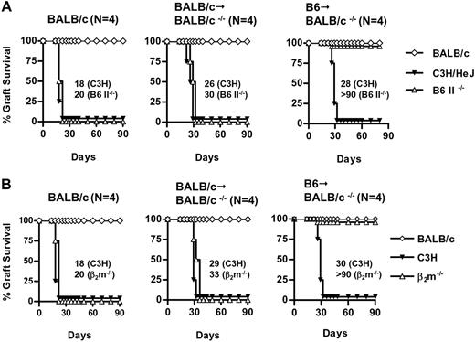 Figure 3. Skin graft survival when the allograft lacks surface expression of MHC class I or II molecules. Eight- to 12-week-old BALB/c IL-2Rβ−/− mice that were adoptively treated with the indicated population of Treg cells at birth (denoted as the donor Treg strain→IL-2Rβ−/− recipient strain) received skin grafts from BALB/c, C3H, and B6 MHC-deficient mice. (A) Tolerance to B6 MHC class II–deficient (B6 II−/−) skin. (B) Tolerance to MHC class I–deficient (B6 β2m−/−) skin. The number of mice/group from a single experiment and the MST of allogeneic skin grafts are listed within each panel of the figure.