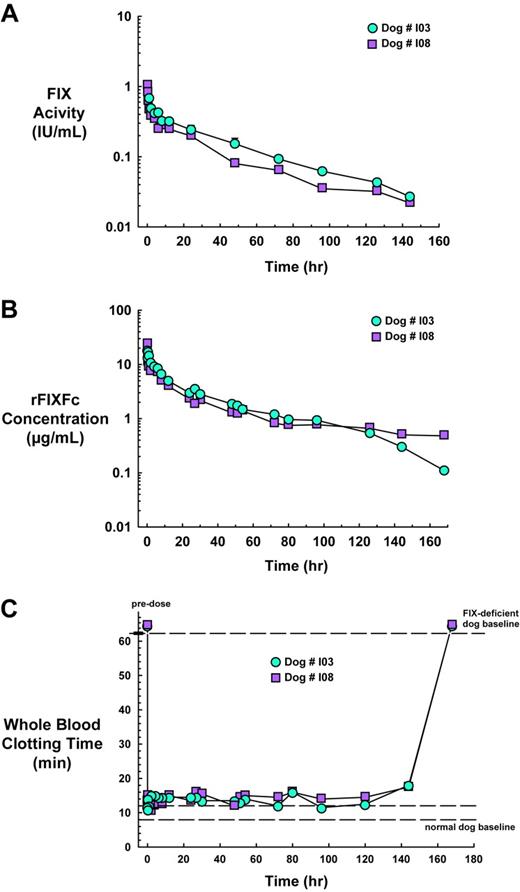 Figure 5. Pharmacokinetics and pharmacodynamics of rFIXFc in FIX-deficient dogs. Two dogs with hemophilia B were intravenously infused with rFIXFc at 140 IU/kg body weight. Blood samples were collected at 5, 15, and 30 minutes and at 1, 2, 4, 6, 8, 12, 24, 27, 30, 48, 51, 54, 72, 80, 96, 126, 144, and 168 hours. (A) FIX clotting activity was measured for all time points with respect to a standard curve generated with rFIXFc. (B) A sandwich ELISA that used a FIX capture antibody and Fc-HRP detection antibody was used to measure the concentration of intact rFIXFc in the plasma samples of the dog with hemophilia B. (C) Blood collected from animals was immediately analyzed for WBCT. Blood samples were incubated at 28°C and were visually inspected for the presence of a clot once per minute, and the time in which a clot formed was recorded.