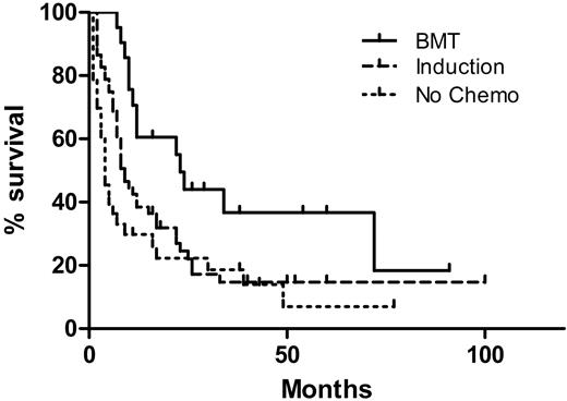 Figure 1. Overall survival (OS) of 106 acute erythroid leukemic patients by treatment modalities. The 21 patients who underwent allogeneic bone marrow transplantation (BMT) had a superior OS (median, 23 months) compared with 52 patients who received induction chemotherapy without BMT (median, 9 months; P = .015) as well as 33 patients who did not receive high-intensity chemotherapy (median OS, 4 months; P = .002). There was no difference in OS between patients receiving induction versus those who did not receive high-intensity chemotherapy (P = .10).
