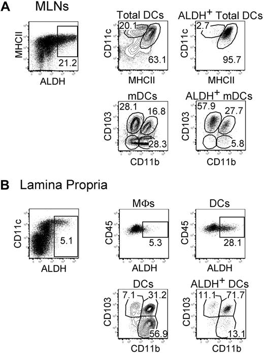 Figure 1. ALDH+ DCs from the MLNs and the LP display a heterogeneous surface phenotype. Light-density cells isolated from MLNs (A) and from the small intestine LP (B) were incubated with ALDEFLUOR and analyzed by flow cytometry for expression of CD11c, MHCII, CD11b, CD103, and CD45 and for ALDH activity. Dot plots correspond to nonautofluorescent cells with a FSChighSSChigh profile characteristic of DCs and from which neutrophils were gated out using Ly6G and Gr-1 staining. Positioning of the ALDH+ gate is based on incubation in the presence of DEAB (supplemental Figure 3). For MLNs, the CD11cinter to highMHCIIhigh and the CD11chighMHCIIinter gates correspond to mDCs and lymphoid tissue–resident DCs, respectively. In the case of LP, the gates corresponding to macrophages (MFs) and to DCs are specified in supplemental Figure 2A. Numbers in outlined areas indicate percentage of cells. Data are representative of at least 3 separate experiments involving groups of 3 to 6 mice.