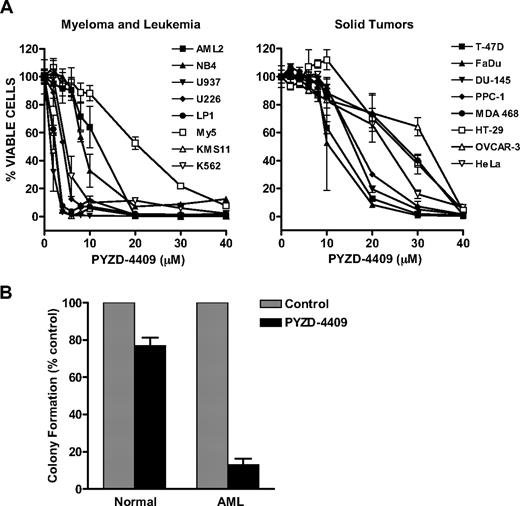 Figure 4. Inhibition of the E1 enzyme with PYZD-4409 preferentially induces cell death in malignant cell lines and primary AML cells over normal hematopoietic cells. (A) Myeloma, leukemia, and solid tumor cell lines were treated with increasing concentrations of PYZD-4409 for 72 hours. After incubation, cell growth and viability was measured by the Alamar Blue assay. Data represent the mean percentage ± SD of viable cells relative to control. Representative experiments are shown. (B) Mononuclear cells from patients with AML (n = 2) and the PBSCs of donors for allotransplantation (n = 4) were treated with PYZD-4409 (10μM) for 24 hours and then plated in duplicate for clonogenic growth in media containing 1% methylcellulose and cytokines. The numbers of colonies were counted after incubation for 7 days (AML) or 2 weeks (normal). Data represent the mean percentage ± SD of colonies relative to buffer-treated controls.