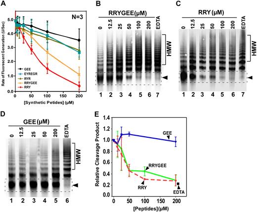 Figure 5. Synthetic peptides derived from ADAMTS13 spacer domain block proteolytic cleavage of rF-VWF73 and multimeric VWF by ADAMTS13. (A) Purified rF-VWF73 (1.0μM) was incubated with various concentrations (0-200μM) of synthetic peptides as indicated for 10 minutes. Then, recombinant ADATMS13 (2.5nM) was added and proteolytic cleavage of rF-VWF73 was monitored at 37°C on a fluorescent microtiter plate reader (ex 485 nm and em 540 nm). The maximal rates of fluorescent generation per second (units/second) were determined and plotted against the log concentrations of synthetic peptides used. The data presented are means ± SD of 3 independent measurements. (B-D) Purified plasma-derived VWF (37.5 μg/mL) was incubated for 60 minutes at 37°C with various concentrations (0-200μM) of synthetic peptides RRYGEE (B), RRY (C), and GEE (D). ADAMTS13 (50nM) along with recombinant FVIII (10nM) and lyophilized platelets (210 × 103/μL) was added into the reaction (total volume, 20μL). The reaction mixture was subjected to vortexing (2500 rpm) for 5 minutes. The proteolytic cleavage product was determined by 1% agarose gel and Western blot. (E) Quantification of the 350-kDa cleavage product (indicated by arrowheads in panels B, C, and D) by densitometry is plotted against the concentrations of synthetic peptides (micromole).