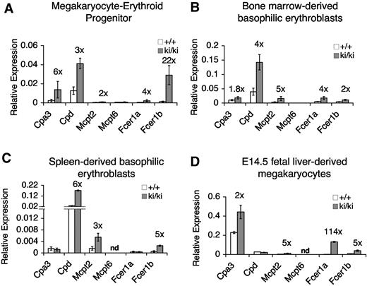 Figure 6. Elevated expression of MC-specific genes in Fogki/ki MEP, committed erythroid cells, and MKs. (A-D) mRNA levels of indicated MC genes as determined by quantitative RT-PCR in freshly sorted MEP (A), CD71+Ter119+ basophilic erythroblasts from BM (B) or spleen (C), and cultured fetal liver–derived MK (D). Data were normalized to actin (A) or gapdh (B-D). Numbers above bars indicate the fold change from WT cells. nd indicates not determined. Errors bars represent SEM; n = 3.