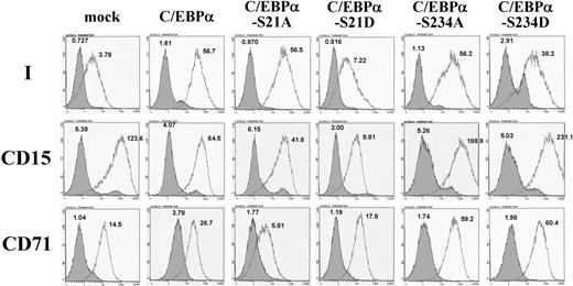 Figure 2. Expressions of I antigen and CD15 and CD71 markers in K-562 cells expressing wild-type and mutant C/EBPα. Wild-type C/EBPα and C/EBPα mutants with respective substitutions of S21A, S21D, S234A, and S234D were expressed in K-562 cells cultured in noninducing conditions. Expressions of cell-surface I antigen and CD15 and CD71 markers on the K-562 cells were analyzed by the use of flow cytometry and detected with monoclonal anti-I (1:15 dilution), anti-CD15 (1:200 dilution), and anti-CD71 (1:200 dilution) antibodies, respectively, with the bound antibodies on the cell surfaces revealed by 1:200 dilution of FITC-conjugated goat anti–human IgM, anti–mouse IgM, and anti–mouse IgG antibodies, respectively. The open and shaded areas represent results obtained from cells incubated with first antibody and FITC-conjugated secondary antibody, and with FITC-conjugated secondary antibody only, respectively. The geometric MFI detected is shown on the top of each peak.