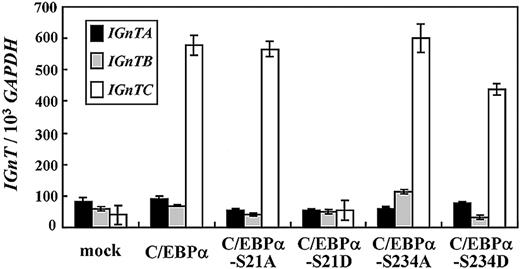 Figure 3. Expression profiles of IGnT genes in K-562 cells expressing wild-type and mutant C/EBPα. Wild-type C/EBPα and C/EBPα mutants with respective substitutions of S21A, S21D, S234A, and S234D were expressed in K-562 cells cultured in noninducing conditions. Real-time PCR was used to quantify the IGnTA, IGnTB, IGnTC, and GAPDH transcripts in the cDNA samples. The quantities of the IGnT transcripts were normalized to that of GAPDH transcript in each sample. Data were obtained from 3 detections; SDs are shown.
