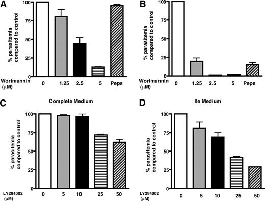 Figure 5. PfPI3K inhibition stalls parasite growth. Parasite cultures in complete medium (A,C) or Ile medium (B,D) were incubated with DMSO/MeOH (control), indicated concentrations of wortmannin (A-B), LY294002 (C-D), or 30μM pepstatin A (Peps). Parasite growth was monitored by counting the parasite infected erythrocytes every 48 hours, the data obtained after 4 (C-D) or 6 (A-B) days of treatment are shown. The percentage growth of parasite in drug-treated cultures compared with control (100%) is indicated. Error bars represent SEM.