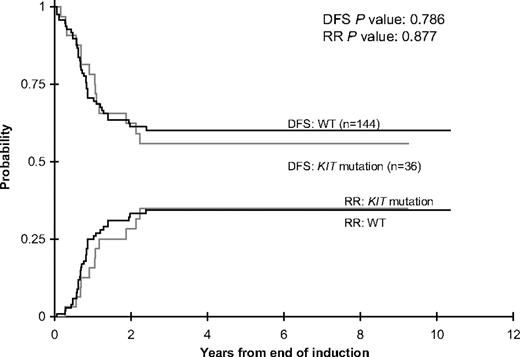 Figure 2. DFS and RR rates for patients with CBF AML with KIT mutations or WT KIT.
