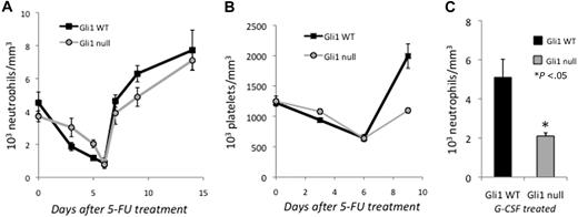 Figure 5. Loss of Gli1 impairs stress hematopoiesis. (A) Two cohorts of mice (total of 10 mice/group) were treated with 5-FU (150 mg/kg) and neutrophil counts measured. Each time point represents the mean ± SEM from 4 to 5 mice. (B) Mice were treated with 5-FU (150 mg/kg) and platelet counts measured. Each time point is the mean ± SEM from 5 mice. (C) Mice were treated with G-CSF (10 mg/kg) intraperitoneally daily for 3 days, and neutrophil counts measured after 3 days. Results are mean ± SEM from 5 mice. *P < .05.