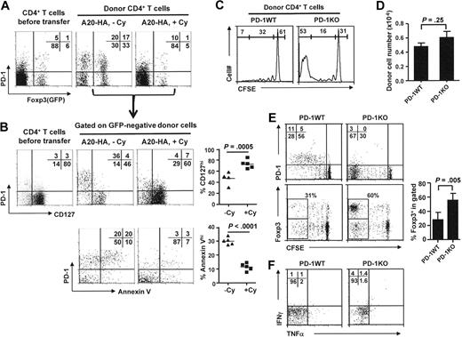 Figure 3. PD-1hi effector cells that develop in tumor-bearing mice selectively down-regulate IL-7R and undergo apoptosis. Following the same experimental procedure depicted in Figure 2, we transferred Thy1.1+ CD4+ T cells derived from HA-TCR Foxp3GFP double transgenic mice into BALB/c mice with established A20-HA tumors, with or without Cy preconditioning of the hosts. Donor cells were recovered 7 days after transfer and analyzed by FACS. (A) Expression of PD-1 and Foxp3(GFP) on donor CD4+ T cells. Costaining of PD-1 and Foxp3(GFP) on donor CD4+ T cells before transfer is included for comparison. Numbers represent the percentage of cells in each quadrant in donor CD4+ T cells. (B) Representative expression profiles of CD127 and annexin V on non-Treg donor cells. The Foxp3(GFP)-negative cells in each sample are gated and evaluated for expression of PD-1 vs CD127 and PD-1 vs annexin V. Numbers represent the percentage of cells in each quadrant in the Foxp3− donor CD4+ T cells. The results of all samples are presented as percent of CD127hi or percent of annexin Vhi cells in Foxp3− donor CD4+ T cells and shown in scatter plots. Horizontal bars represent mean values. (C) PD-1–deficient CD4+ T cells have accelerated cell divisions. CFSE-labeled, PD-1–sufficient (PD-1WT) or PD-1–deficient (PD-1KO) HA-specific CD4+ T cells (Thy1.1+) were transferred into BALB/c mice with A20-HA tumors established 10 days earlier. At 7 days after T-cell transfer, spleen cells were collected, enumerated, and subjected to FACS analysis. Cell division status is reflected by the CFSE profile gated on Thy1.1+ donor CD4+ T cells. The numbers in each histogram represent the percentage of highly divided (> 5 divisions), divided (1-5 divisions), and undivided donor cells. (D) PD-1–deficient CD4+ T cells fail to accumulate in mice. The bar graph shows the absolute number of donor CD4+ T cells recovered from spleen (total splenocyte count × percent donor CD4+ T cells). Data are from 2 independent experiments and shown as mean ± SD of 4 to 5 mice per group. (E) Representative expression profiles of PD-1 and Foxp3 relative to cell division of the donor CD4+ T cells. Numbers in Foxp3 vs CFSE dot plots represent the percentage of Foxp3+ cells in the highly divided donor cells (gated). The results of all samples are summarized in bar graph. Data are shown as mean ± SD of 4 mice per group. (F) Cytokine intracellular staining for recovered donor CD4+ T cells. Purified donor CD4+ T cells were stimulated with HA peptide-pulsed fresh splenocytes for 5 hours before intracellular staining for IFN-γ and TNF-α. Plots shown are gated on the divided donor CD4+ T cells. The numbers represent the percentage of cells in each quad in divided donor CD4+ T cells. Results shown are representative of 2 independent experiments with similar results.