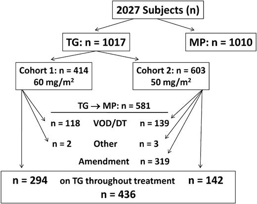 Figure 3. Switch from TG to MP. A total of 2027 eligible children were randomized to TG (1017) or MP (1010) and are included in this intent-to-treat analysis. The first 414 subjects randomized to TG began consolidation with TG at 60 mg/m2; the last 603 began at 50 mg/m2. During the course of treatment, 581 patients switched from TG to MP. Of the 1017 subjects, 436 (43%) received TG throughout treatment: 294 in cohort 1 and 142 in cohort 2.