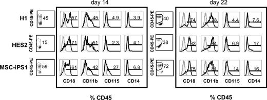 Figure 3. Monocyte-macrophage surface marker expression on developing EBs. Flow cytometric analysis of EBs from hESCs (H1, HES2) and hiPSCs (MSC-iPS1) harvested at the indicated times during hematopoietic differentiation, showing expression patterns of CD18, CD11b, CD115, and CD14, expressed as a percent of CD45+ hematopoietic progenitors. Open histograms represent populations stained with the indicated antibodies and shaded histograms represent unstained control samples.