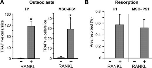 Figure 5. RANKL-dependent differentiation of osteoclasts. Quantification of the number of multinucleated osteoclasts and their resorptive activity, generated by H1- and MSC-iPS1–derived osteoclast precursors. Cells from day 21 cultures were seeded at 105 cells/96-mm well on dentine slices in the absence or presence of RANKL as indicated and harvested 14 days later for TRAP staining (A) and resorption analysis (B). The data represent the mean ± SD of 4 to 6 wells. *P < .05.