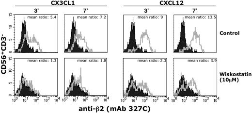 Figure 7. Wiskostatin inhibits chemokine-induced LFA-1 high-affinity state. Freshly isolated peripheral blood NK cells were preincubated for 1 hour with wiskostatin (10μM) or vehicle (DMSO) and then stimulated with CX3CL1/fractalkine (1nM) or CXCL12/SDF-1 (10nM) and simultaneously stained with the high-affinity reporter mAb 327C for the indicated time periods at 37°C. Stained cells were then analyzed by flow cytometry. The ratio between the mean fluorescence intensity of stimulated (open profile) versus unstimulated (black profile) cells is shown. These results represent 1 of 3 independent experiments.