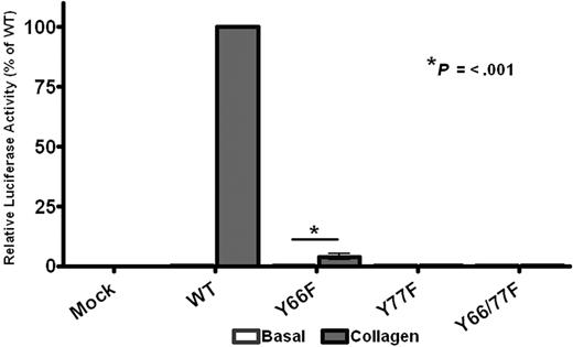 Figure 8. GPVI signaling requires both ITAM tyrosines. DT40 cells were transfected with 2 μg/mL stated FcRγ-chain construct, 2 μg/mL GPVI, along with an NFAT-luciferase reporter gene. Transfected cells were then stimulated with 10 μg/mL collagen for 6 hours at 37°C, after which time the amount of luciferase activity was measured as a readout of signaling. Results were normalized for transfection efficiency and plotted as a percentage of the wild-type response. Error bars represent the geometric mean ± SE of 3 separate experiments.