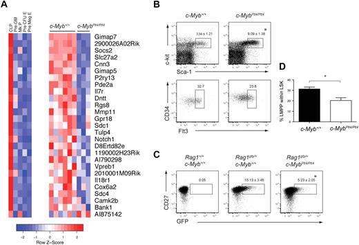 Figure 6. c-MybPlt4/Plt4 LSKs display reduced expression of lymphoid genes. (A) Heat map depicting expression of 27 lymphoid-specific genes that display altered expression in c-MybPlt4/Plt4 LSK samples (P < .1). (Left) Expression pattern of these genes in progenitor populations. Pre-GM indicates pre–granulocyte-macrophage progenitor; Mk progenitor, megakaryocyte progenitor; pre–CFU-E, erythroid progenitor pre–colony forming unit; pre-MegE, pre–megakaryocyte-erythroid progenitor. (Right) Expression pattern in c-Myb+/+ and c-MybPlt4/Plt4 LSK samples. Red squares denote up-regulated genes, blue squares denote down-regulated genes, with scale denoting z score, ie, standard deviation from mean expression. (B) Flow cytometry of density-fractionated and lineage-depleted bone marrow of 6- to 9-week-old c-Myb+/+ and c-MybPlt4/Plt4 mice. Upper plots display the proportion of Sca-1+c-kithi cells among lineage− cells (mean ± SD of 5-6 mice per genotype). Lower plots display the percentage of CD34+Flt3+ cells within the LSK fraction. Plots are representative of 5 to 6 mice per genotype. (C) Flow cytometry of density-fractionated and lineage-depleted bone marrow of 5- to 7-week-old c-Myb+/+ and c-MybPlt4/Plt4 mice on a Rag1gfp/+ background. Early lymphoid progenitors were identified as CD27+ GFP+ cells within the LSK fraction, identified as in panel B. Numbers in plots indicate the proportion of cells in the gated area. Data are the mean ± SD of 6 to 8 mice per genotype. (D) Graph depicting the percentage of LMPPs within the LSK fraction of c-Myb+/+ and c-MybPlt4/Plt4 bone marrow. *P < .05 in test group vs c-Myb+/+ cells. Data represent the mean ± SEM of 5 to 6 mice per genotype.