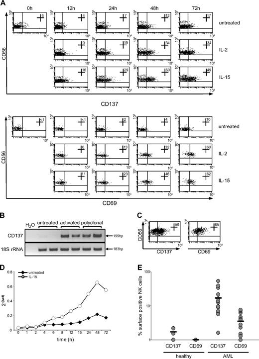 Figure 1. CD137 expression on human NK cells. NK cells were incubated in the presence or absence of 50 U of IL-2 or 10 ng/mL IL-15. (A) Up-regulation of CD137 and CD69 after the indicated times was analyzed by FACS using specific mAb and mouse IgG1 as isotype control. Numbers in dot plots indicate the percentage of CD137+ or CD69+ CD56+CD3− NK cells. (B) CD137 mRNA expression in freshly isolated, IL-15–activated (48 hours) and polyclonal NK cells was investigated by RT-PCR analysis of equal mRNA levels; 18S rRNA served as control. (C) Expression of CD137 and CD69 on polyclonal NK cells was analyzed by FACS as described in panel A. (D) Total RNA of freshly isolated NK cells after culture for the indicated times in the absence or presence of IL-15 was isolated and reverse transcribed. Relative copy numbers of CD137 were determined by quantitative PCR and normalized with 18S rRNA expression. (E) The percentage of CD137- and CD69-expressing CD56+CD3− NK cells among the PBMCs of 10 healthy donors and 20 patients with AML as obtained by FACS is shown for each investigated donor/patient.